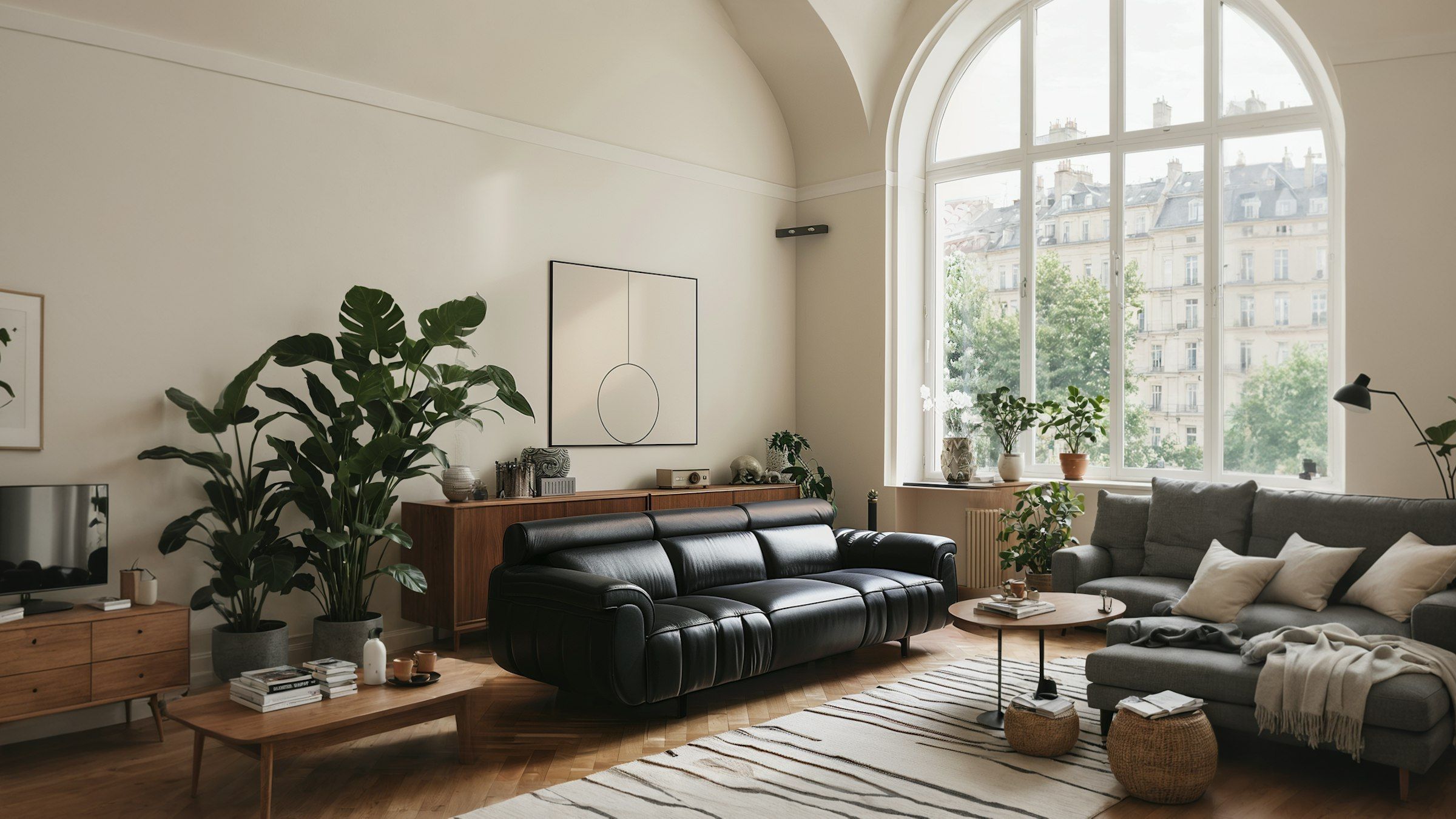 Bright living room with a tall arched window, leather sofas and plants