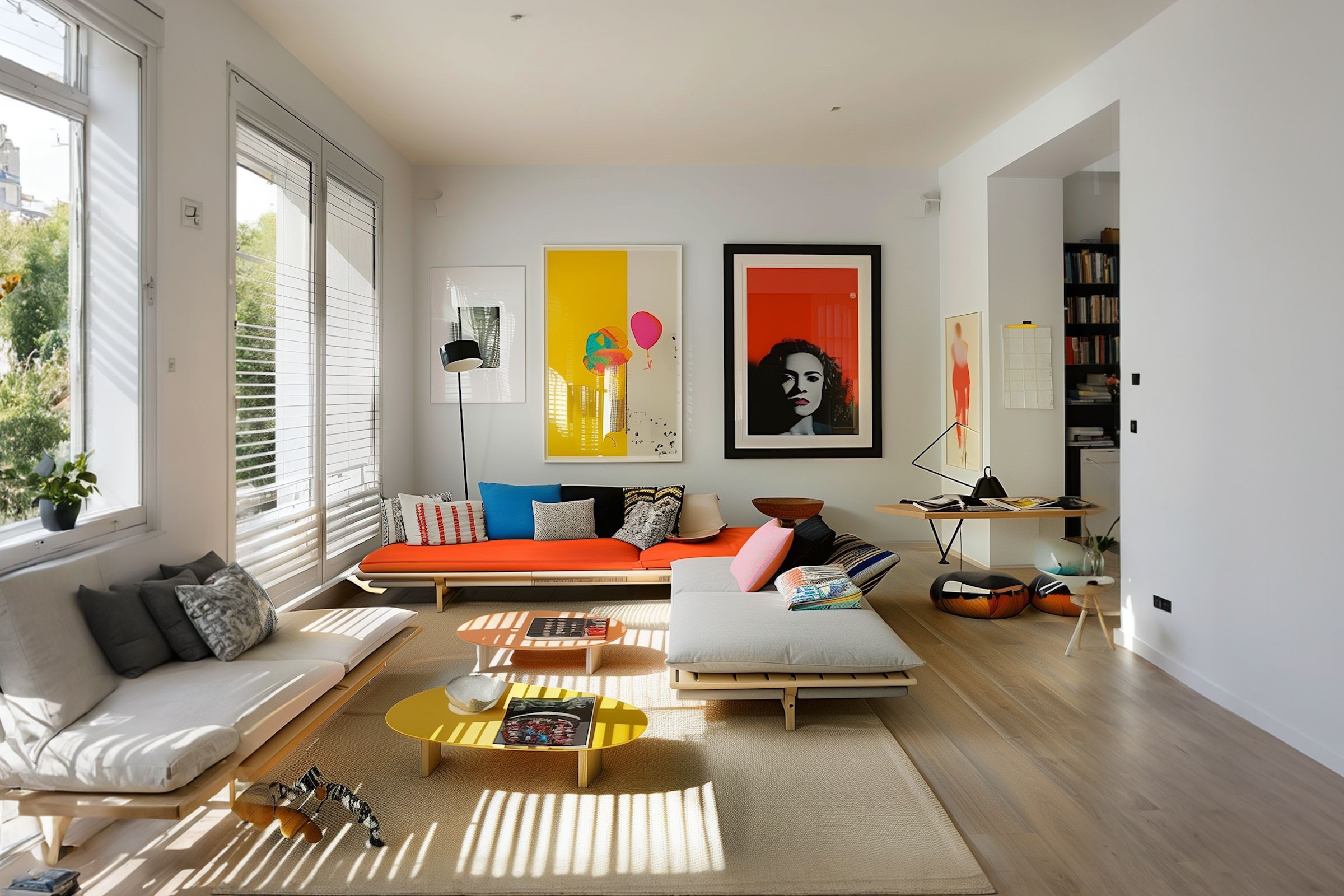 Bright lounge with a low white sofa, colorful art and a wood floor