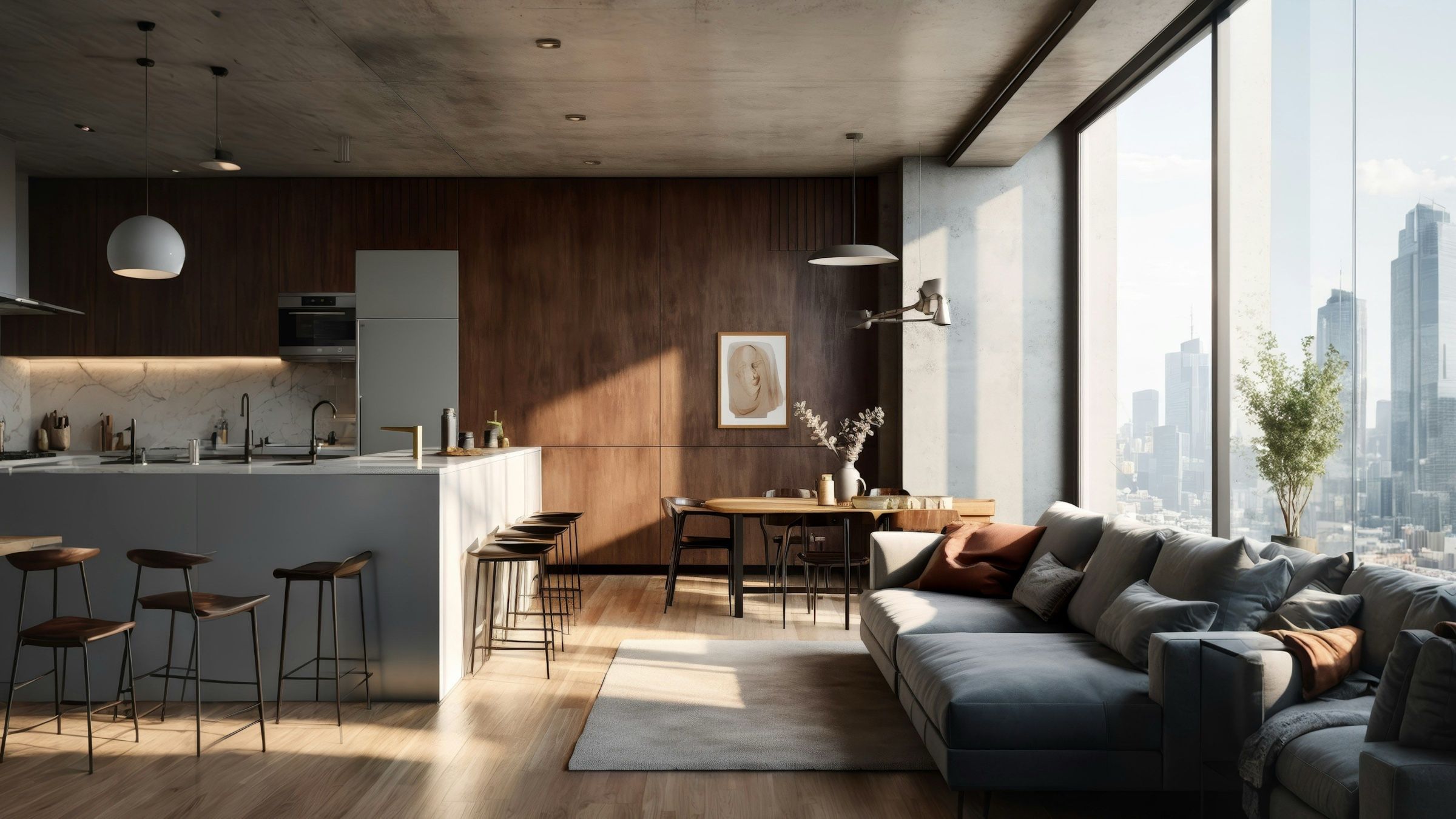 Open-plan apartment with a walnut wall, kitchen island and city skyline windows