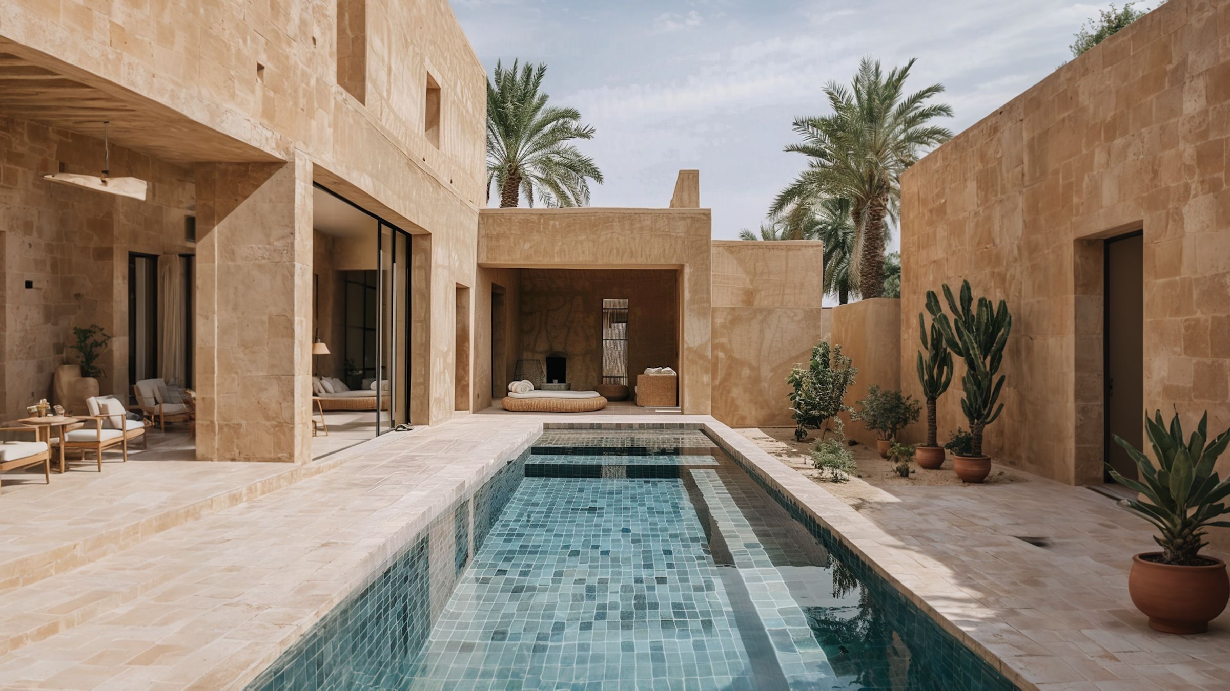 Stone courtyard with a long blue pool, palm trees and cacti