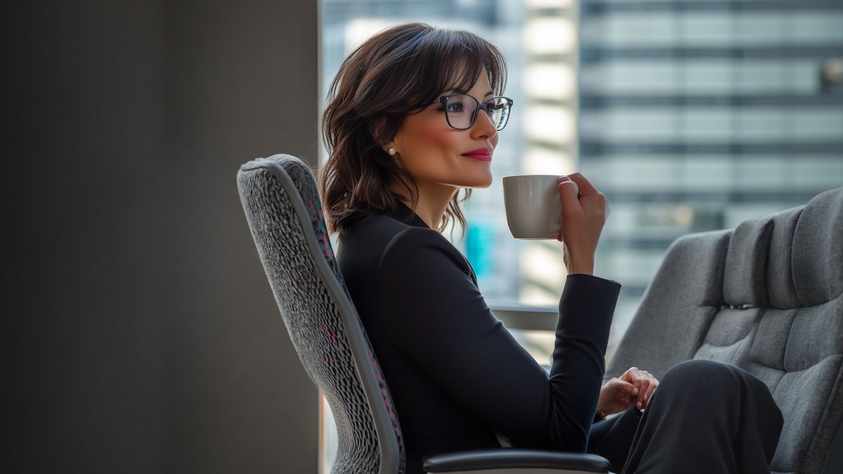 Elena Marsh with a coffee in a grey office chair