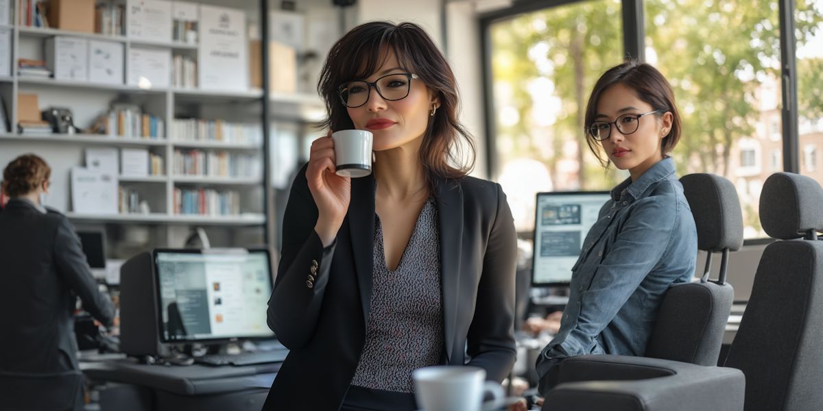 Elena Marsh and a colleague having coffee at their desks