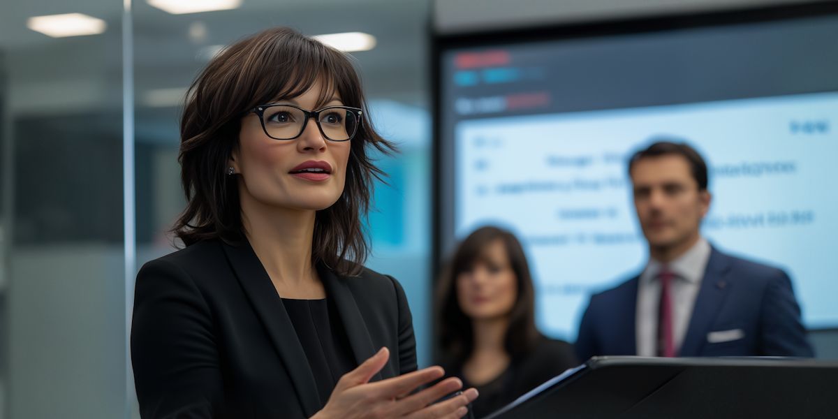 Elena Marsh presenting to colleagues in a meeting room
