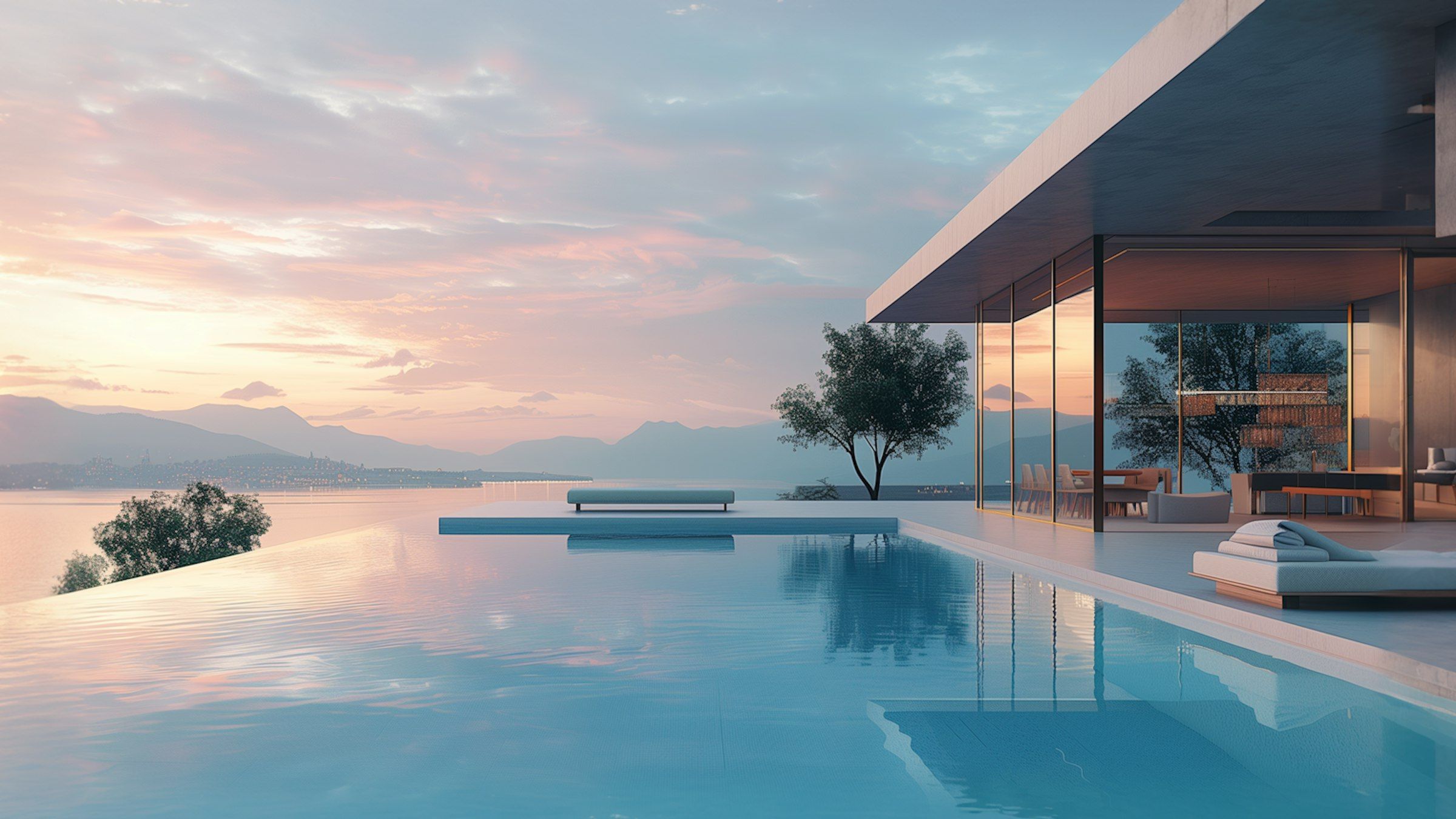 Infinity pool reflecting a pink sunset in front of a glass-walled house