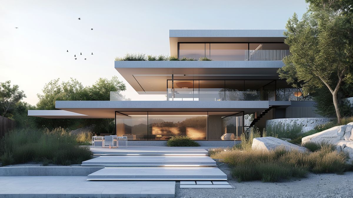 Modern two-storey house with a landscaped front garden and wide steps