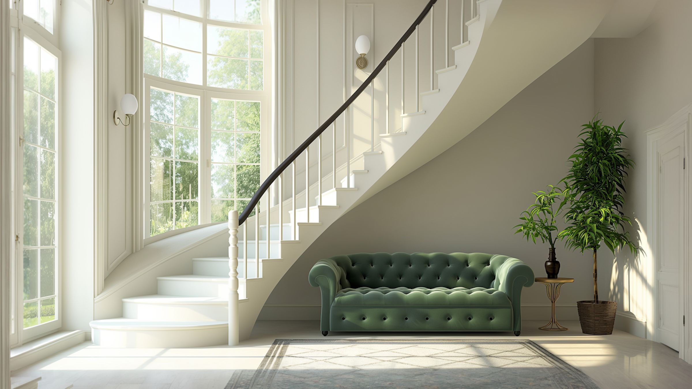 Bright double-height room with a curved white staircase and a green sofa