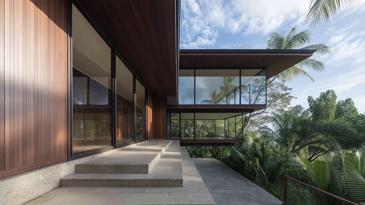 Modern timber-clad house with wide concrete steps and tropical planting