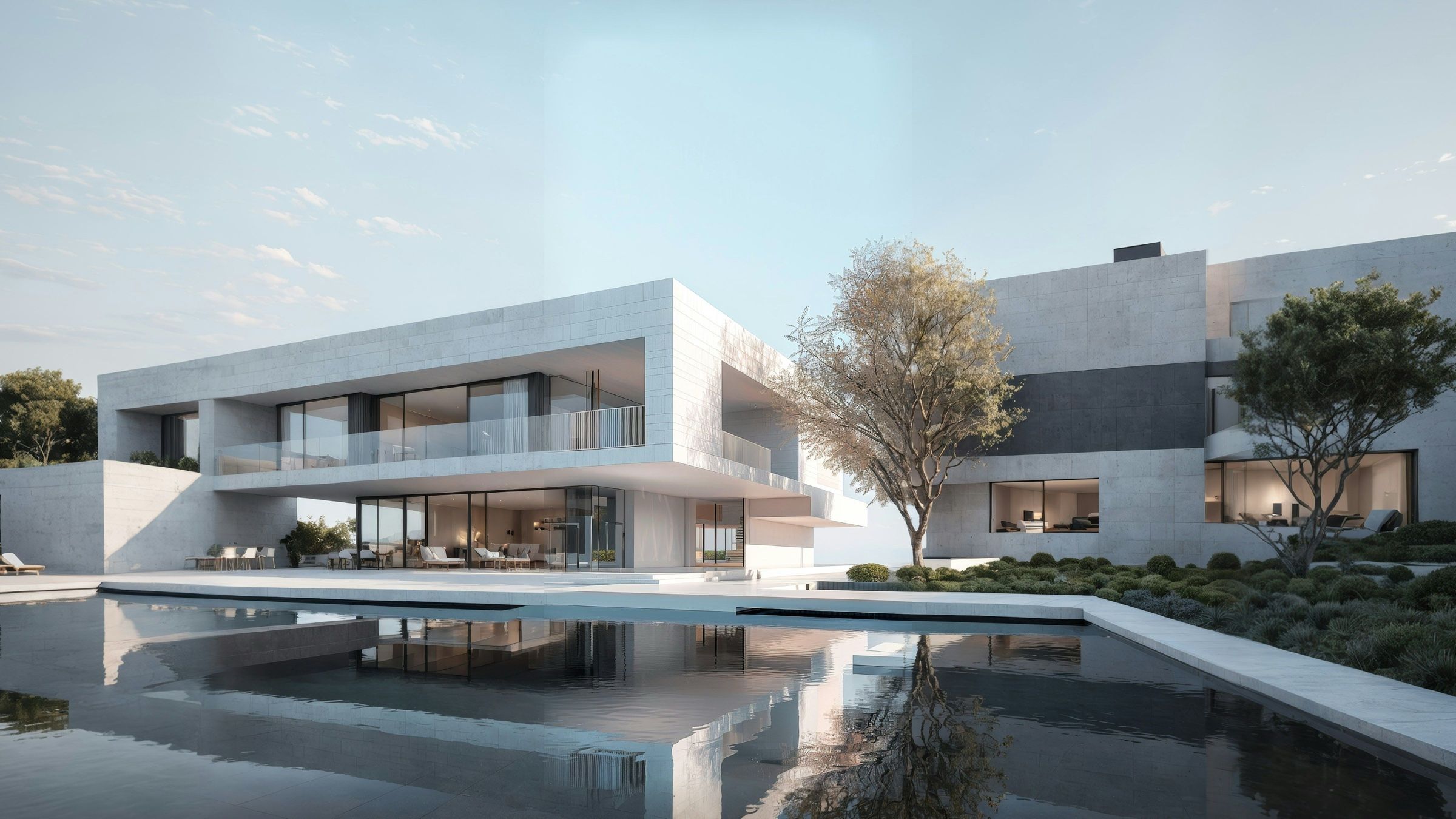 Large white concrete villa reflected in a still pool, with a tree beside it